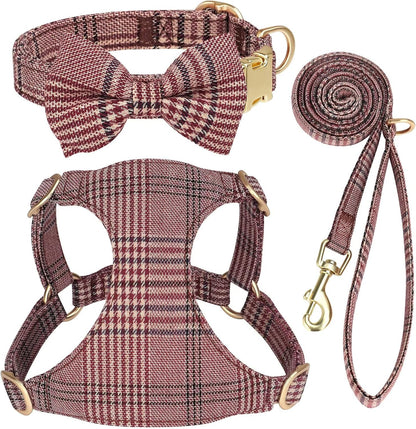 Beirui Cute Small Dog Harness Collar and Leash Set with Bowtie, Soft Adjustable Plaid Puppy Harness for Small Sized Dogs Cats Walks Parties and Photoshoots(Maroon,S:Chest 17-23")