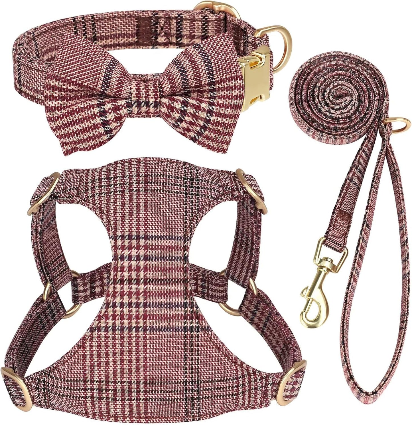 Beirui Cute Extra Small Dog Harness Collar and Leash Set with Bowtie, Soft Adjustable Plaid Puppy Harness for Small Sized Dogs Cats Walks Parties and Photoshoots(Maroon,XS:Chest 13-18")