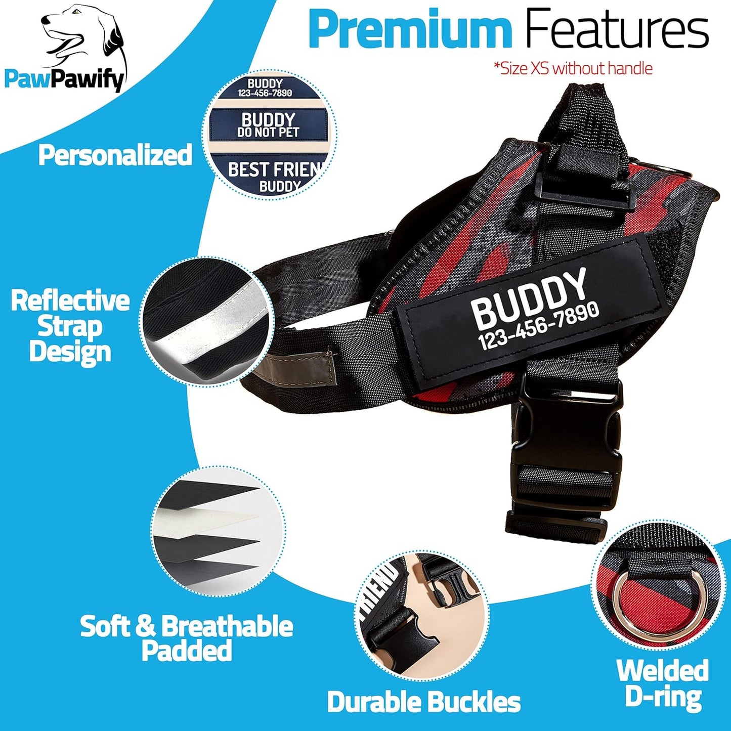 PawPawify Custom No Pull Dog Harness with Name and Phone Number, Heavy Duty Personalized Pet Vest to Prevent Tugging, Pulling, or Choking, Training and Walking (Camouflage Red, XS (Chest 14-17in))