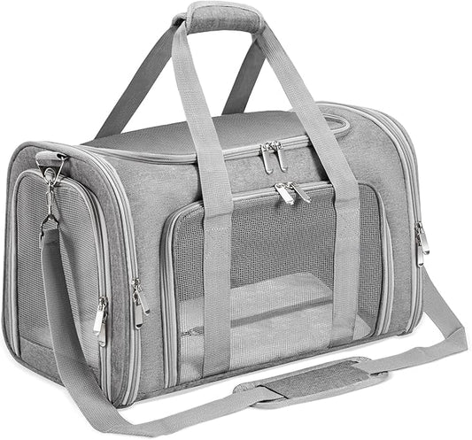 Soft-Sided Cat/Dog/Pet Carrier, Collapsible Pets Travel Carriers for Big Cats/Small Dogs with Shoulder Strap & Removable Mat, Mesh Puppy Carry Bag, Up to 25 Lbs(Gray)