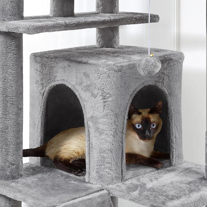 Yaheetech Tall Cat Tree, 80in Multi-Level Cat Tower with Scratching Posts, Double Caves, Perched Platforms and Dangling Balls, Pet Stand House for Kittens, Light Gray