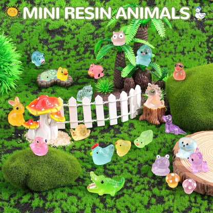 150PCS Mini Resin Animals Tiny Cute Figurines Glow in Dark, Miniature Figures to Hide, Little Animal Toys Small Accessories for Topper Desk Garden Dollhouse Landscape Aquarium Ornaments Crafts & Decor