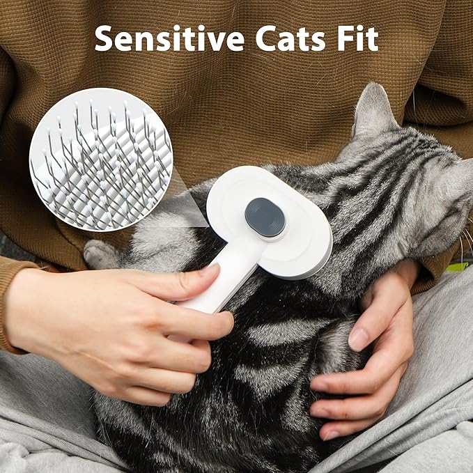 Soft Cat Brush for Indoor Cats Shedding with Protective Case, Flea Comb Included, Self-Cleaning Slicker Brush for Cats, Sensitive Cat Pet Hair Removal Tools Grooming Supplies