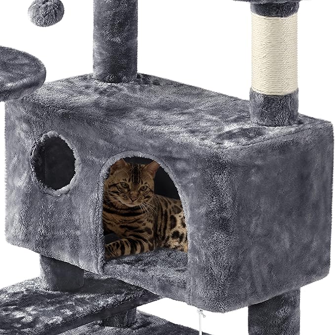 Yaheetech Cat Tree Tower, Multi-Level Large Plush Condo Cat Furniture with Sisal Scratching Posts and 2 Danglinge Balls Gray