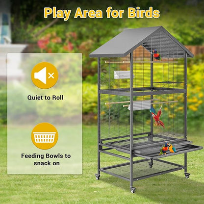 65.7" Large Double Parrot Cage, Bird Cage with Rolling Stand, 4 Perches & Bowls, Outdoor Bird Flight Cages for Parakeets, Conures, Cockatoos, Canaries, Lovebirds - Black