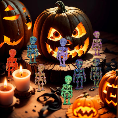 14 pcs 3D Printed Skeleton Figurines, Colorful 3.15 Inch Halloween Decorations, Fun Spooky Skull Toys for Desk, Party, or Shelf Display