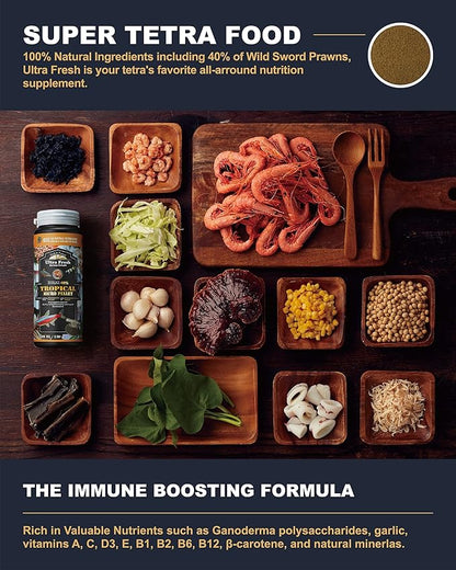 Ultra Fresh Tetra Fish Food, Slow Sinking, All Natural Ingredients, Wild Sword Prawns, Spirulina, Color Enhancement, Small Granules , Tropical Micro Pellet 1.87 oz