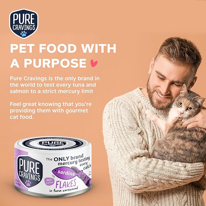 Pure Cravings Sardine Flakes in Tuna Consommé, Canned Wet Cat Food Soup, 100% Mercury-Tested, Moist Can Fish, Grain-Free Protein, Non-GMO, 3oz, Pack of 12