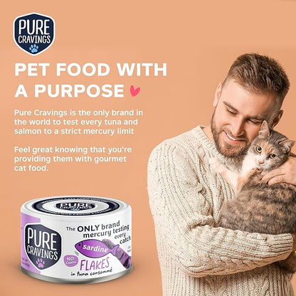 Pure Cravings Sardine Flakes in Tuna Consommé, Canned Wet Cat Food Soup, 100% Mercury-Tested, Moist Can Fish, Grain-Free Protein, Non-GMO, 3oz, Pack of 12