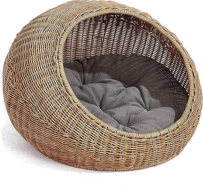 D+GARDEN Wicker Cat Bed Dome for Medium Indoor Cats - a Covered Cat Hideaway Hut of Faux Rattan Houses Pets in Dome Basket, Washable