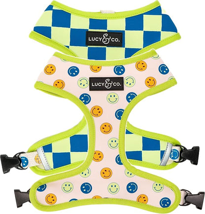 Lucy & Co. Lime Green with Blue Checker Smiley Faces, Cute Reversible Dog Harness Walking Halter - Best Designer Pet Harnesses for XS - XL Dogs - Padded Adjustable Vest for Easy Walking (Large)