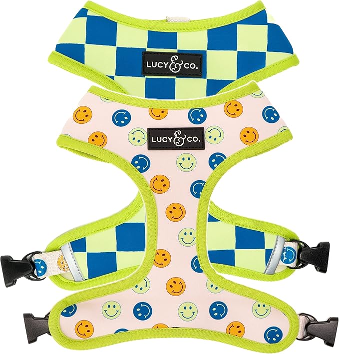 Lucy & Co. Lime Green with Blue Checker Smiley Faces, Cute Reversible Dog Harness Walking Halter - Best Designer Pet Harnesses for XS - XL Dogs - Padded Adjustable Vest for Easy Walking (X-Large)