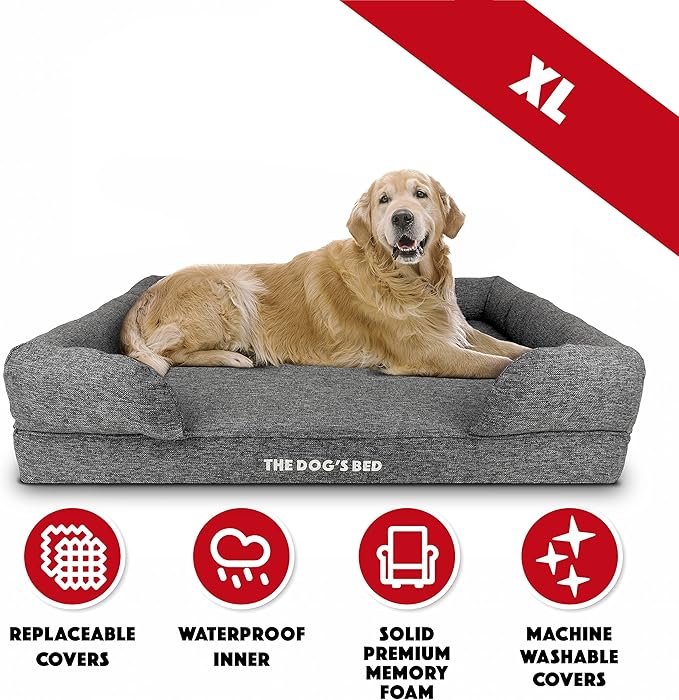 The Dog’s Bed, XL Grey Poly-Linen, Memory Foam, Pain Relief: Arthritis, Hip & Elbow Dysplasia, Post Surgery, Lameness, Supportive, Calming, Waterproof Washable Cover