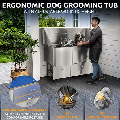 KANIS Professional Dog Washing Station - 304 Stainless Steel Pet Wash Sink & Grooming Bathtub w/Shower, Floor Grates and Storage for Large, Medium & Small Pets (61", 2 Drawers - Left Ramp)