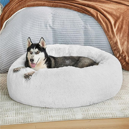 Bedsure Calming Dog Bed for Large Dogs - Donut Washable Large Pet Bed, 36 inches Anti-Slip Round Fluffy Plush Faux Fur Dog Bed, Fits up to 80 lbs Pets, Frost Grey