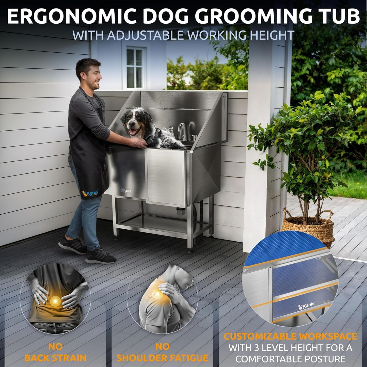 KANIS Professional Dog Washing Station - 304 Stainless Steel Pet Wash Sink & Grooming Bathtub w/Shower, Floor Grates and Storage for Large, Medium & Small Pets (40", Shelf - Right Ramp)