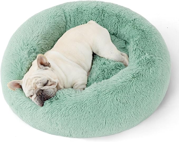 Bedsure Calming Dog Bed for Medium Dogs - Donut Washable Medium Pet Bed, 30 inches Anti-Slip Round Fluffy Plush Faux Fur Cat Bed, Fits up to 45 lbs Pets, Apple Green