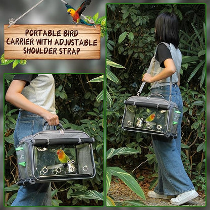Suertree Bird Carrier Airline Approved, Bird Travel Cage with Indestructible Stainless Steel Mesh, Bird Travel Bag Lightweight and Portable with Water Bottle and Bowl