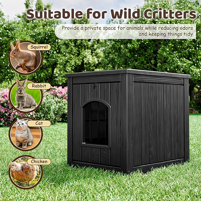 KAMABOKO Outdoor Cat House, Weatherproof Plastic Cat Shelter for Indoor & Outdoor, Durable All-Season Pet House for Feral, Stray & Domestic Cats (L-Black)