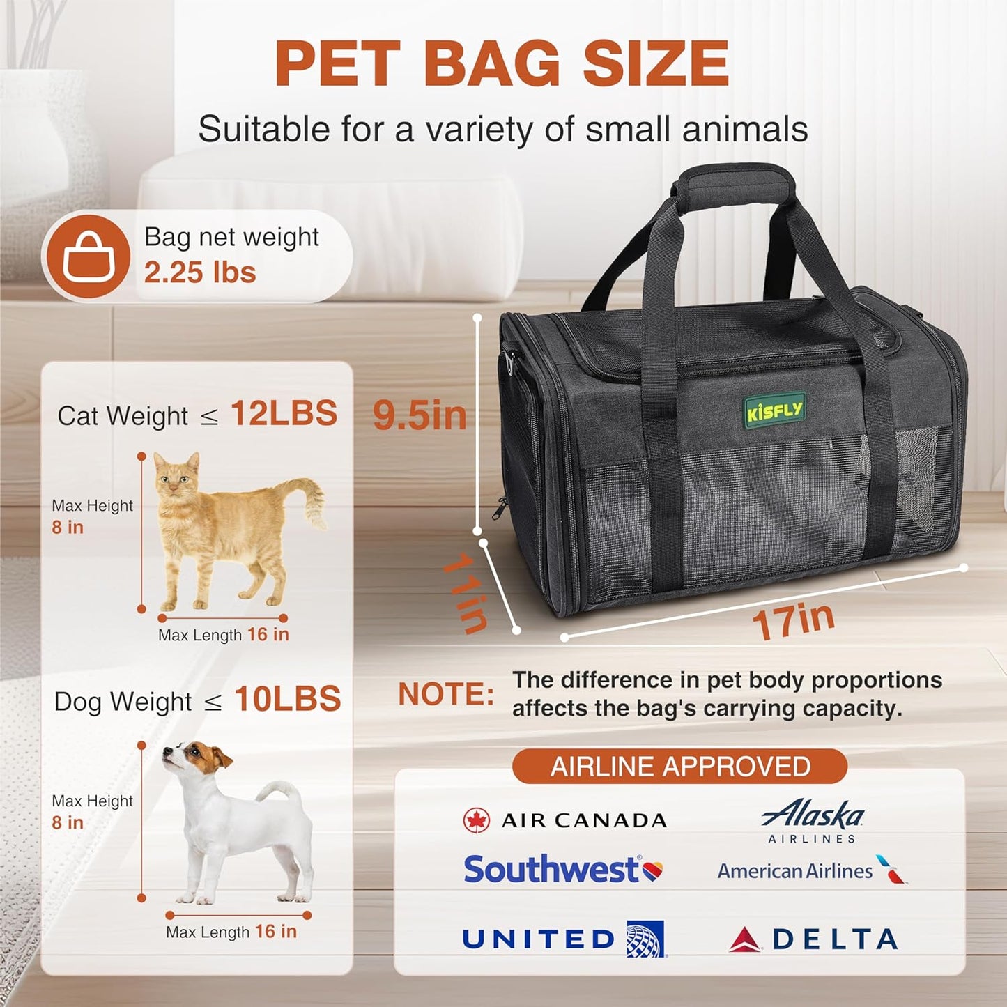 Airline Approved Cat and Small Dog Carrier 17"x11"x9.5"– Soft-Sided, Foldable Under-Seat Travel Bag for Pets up to 12 lbs, Top-Loading, Scratch-Resistant Mesh, Black