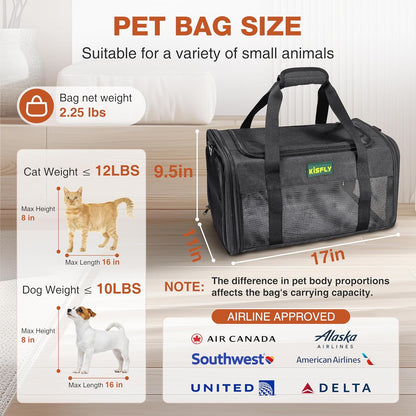 Airline Approved Cat and Small Dog Carrier 17"x11"x9.5"– Soft-Sided, Foldable Under-Seat Travel Bag for Pets up to 12 lbs, Top-Loading, Scratch-Resistant Mesh, Black