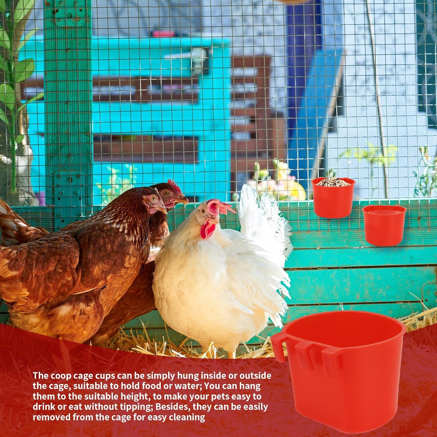 40 Pcs Cage Cups Birds Feeders Bird Water Dispenser Hanging Quail Waterer Plastic Chicken Feeding Watering Dish for Small Coop Parrot Parakeet PET Poultry Pigeon Gamefowl Food Seed Bowl Supplies(Red)