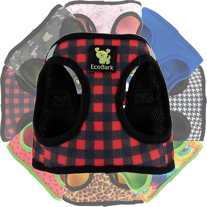 EcoBark Step in Dog Harness - Eco-Friendly Dog Harnesses for Small and Medium Breed Dogs - Reflective and Adjustable Body Halter Vest - Soft Mesh Toy Breed Harness (Red Plaid, Large)