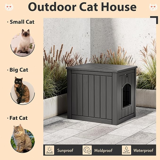 Outdoor Cat House Weatherproof, Feral Clawsable Cat Houses for Outdoor Indoor Cats Shelter, Insulated for Winter Outside, Durable Resin Material for Garden, Patio, Easy to Assemble, Black