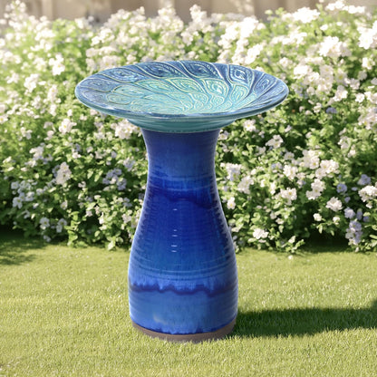 LuxenHome 20 Inch Ceramic Bird Bath for Outside, Elegant Tall Outdoor Bird Bath, Lightweight Pedestal Glazed Birdbaths for Outdoors with Leaf Pattern, Deep Cobalt Blue