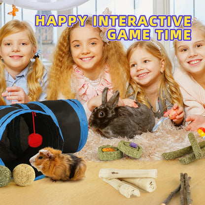 Bunny Tunnels & Tubes Collapsible 3 Way Rabbit Hideout with 13pcs Toys for Bunny Guinea Pig Hamster Chinchilla Hedgehog Rat Ferret Kitten (BK&BU)