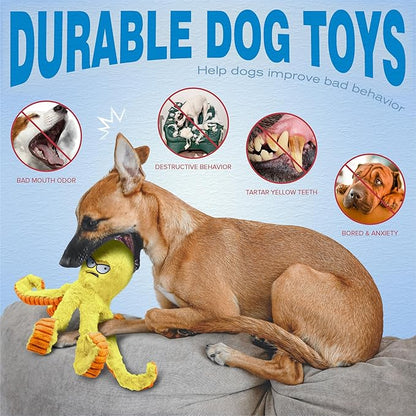 LEGEND SANDY Tough Dog Toys, Stuffed Chew Large Dog Toys to Keep Them Busy, Interactive Squeaky Tug of War Doggie Toy, Crinkle Yellow Octopus