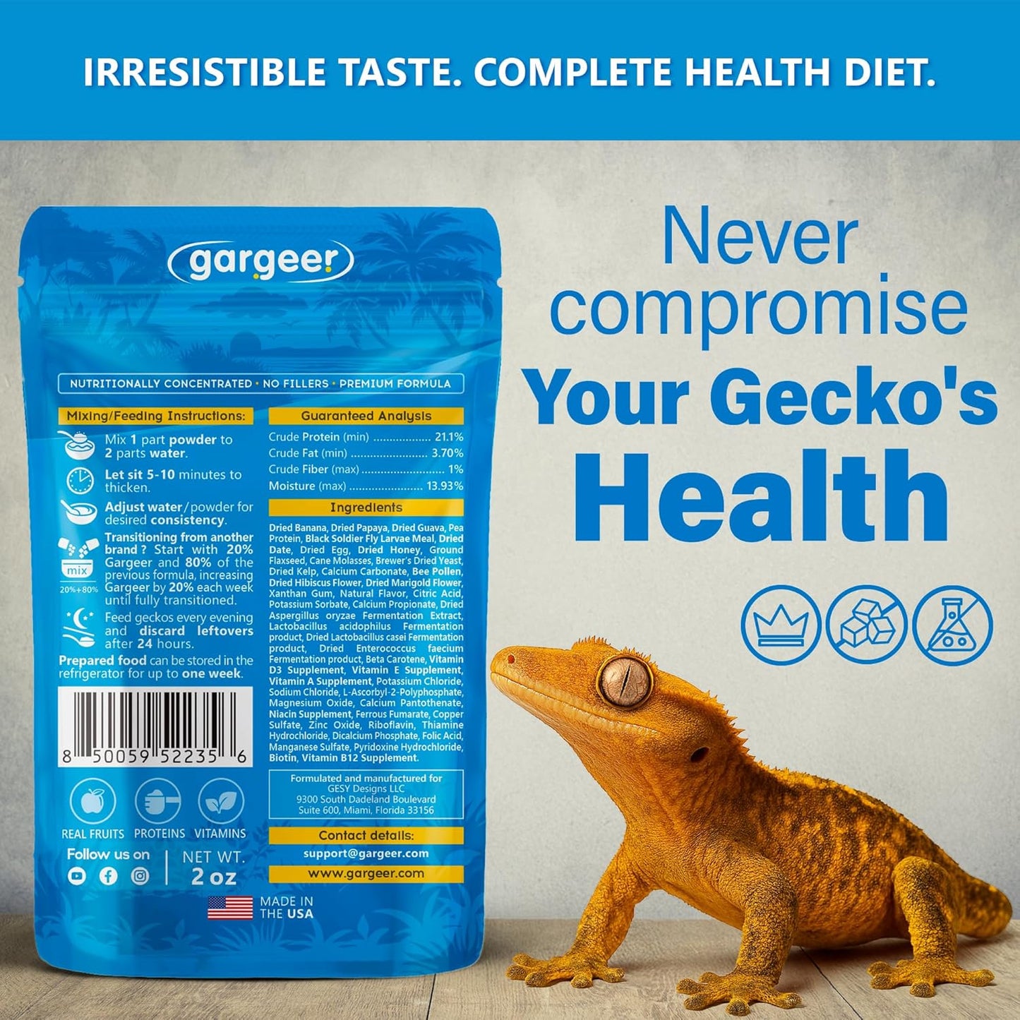 'Picky Geck' Island Retreat - Premium Crested Gecko Food | Sustained Energy & Immune Boost with Premium Tropical Fruit Blend | No Fillers, No Rice Bran - Only Premium Ingredients | 2oz