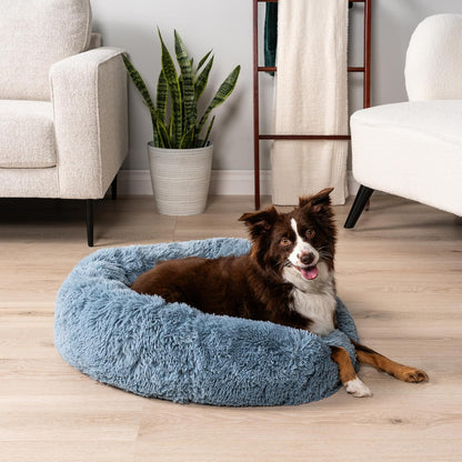 PetAmi Calming Dog Bed for Small Medium Dog Cat, Round Donut Washable, Fluffy Faux Fur Plush Cuddler Pet Kitten Cushion, Anti-Slip, Fits up to 45 lbs, 30 inch, Dusty Blue
