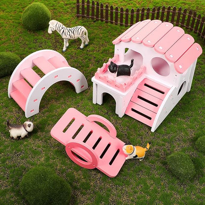 3 Pieces Fun Hamster Toys Guinea Pig Hideout Include PVC Hamster House, Rainbow Bridge, Seesaw Toy DIY Exercise Play Toys for Rats Mouse Small Animals(Small,Pink)