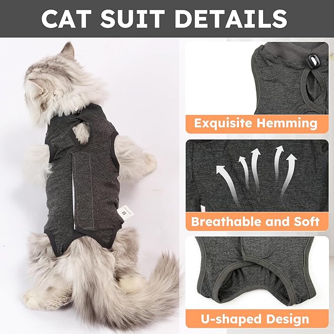 Cat Recovery Suit for Spay Abdominal Wounds, Kitten Onesie Bodysuit for Cats After Surgery, Cat Surgery Recovery Suit Female Cone of Shame Alternative for Cats Anti Licking (Dark Grey M)