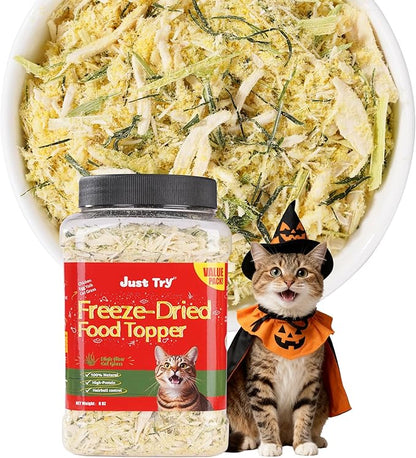 Just Try 8 oz Cat Grass Treats Freeze Dried Cat Food Toppers Mixers Hairball Control Low Calorie Real Chicken Egg Yolk Dental Care Healthy Cat Snacks Treats for Indoor Cats
