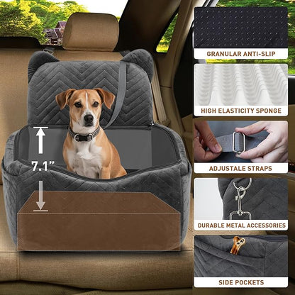 Dog Car Seat for Small Medium Dog up to 30 lbs with Waterproof PU Cover Pet Car Booster Seat with Memory Foam for Travel, Grey, 2 Safety Belt