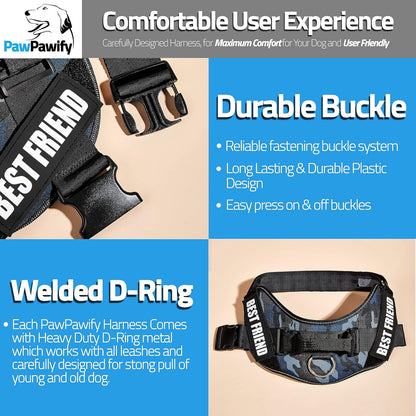 PawPawify Custom No Pull Dog Harness with Name and Phone Number, Heavy Duty Personalized Pet Vest to Prevent Tugging, Pulling, or Choking, Training and Walking (Camouflage Navy, S (Chest 16-21in))