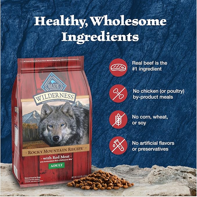 Blue Buffalo Wilderness Rocky Mountain High-Protein Adult Dry Dog Food Wholesome Grains Red Meat, 24lb. Bag