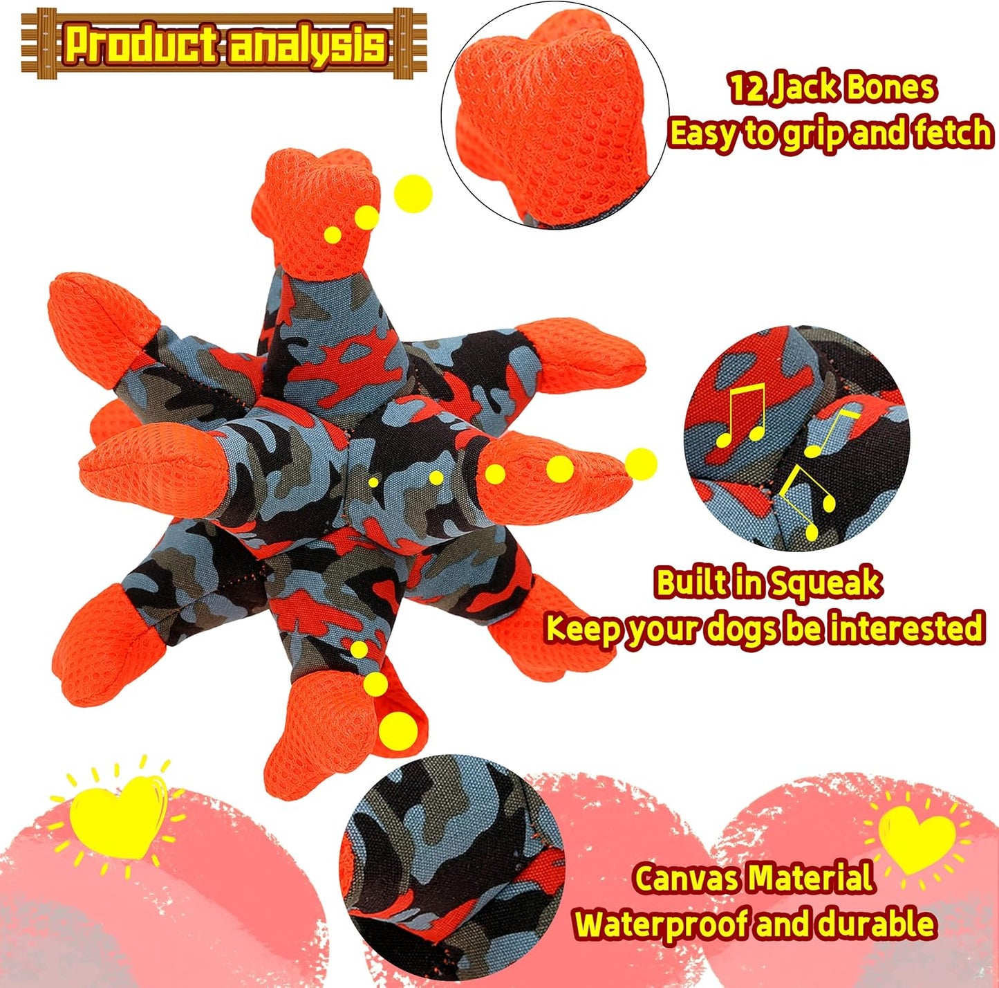 Dog Chew Squeaky Toys, Dog Teeth Cleaning Toy, Tug of War, Stuffed Jack Bone Toy with Squeakers, Interactive Toy for Small Medium Large Dogs, Orange