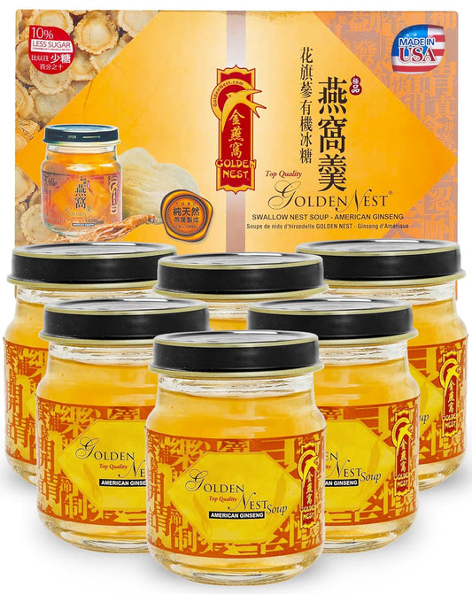 Golden Nest Premium Bird Nest Soup, Swallow Bird Nest 100% Natural - Made in USA, (燕窩) 6 bottles x 75ml (2.5 oz.) (1 box = 6 bottles x 75ml, Ginseng)