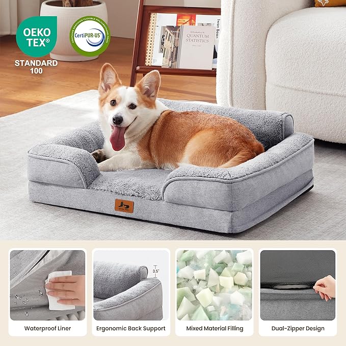 Orthopedic Dog Beds for Medium Size Dogs, Waterproof Egg-Crate Foam Pet Couch Bed with Soft Sides, Non-Slip Dog Sofa with Fleece Removable Washable Cover, 28"L Supportive Pet Sofa, Light Grey