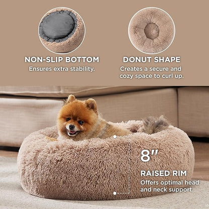 Bedsure Calming Dog Bed for Small Medium Dogs - Donut Washable Medium Puppy Bed, 27 inches Anti-Slip Round Fluffy Plush Faux Fur Pet Bed, Camel