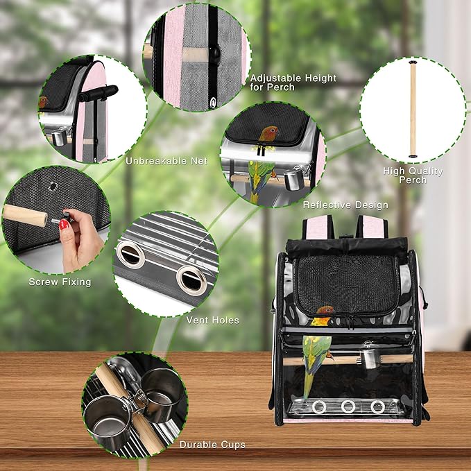 SUERTREE Bird Carrier Bag with Indestructible Stainless Steel Mesh, Bird Travel Cage with Stand, Easy to Clean Backpack for Parrot, Portable Bird Travel Bag, Pet Breathable Travel Cage, Pink