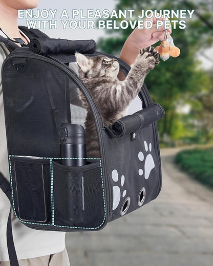 Cat Backpack Carrier with Comfort Handle, Ventilated Cat Backpack with Reflective Strips, Foldable Cat Carrying Backpack for Cats up to 17 lbs and Small Dogs up to 13 lbs(Black).