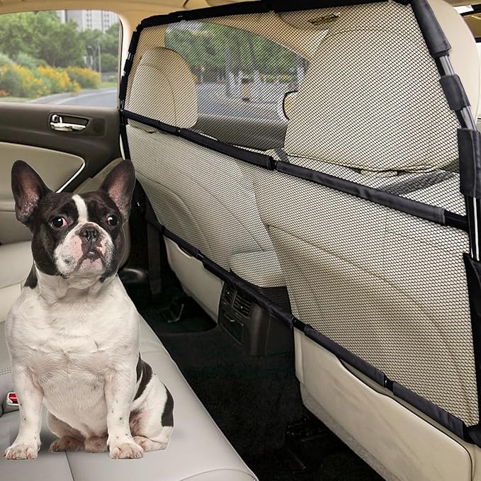 Dog Car Barrier Escape-Proof, 50" Wide Car Divider for 2nd 3rd Row Seats & Cargo Area, Durable Back Seat Car Gate Trunk Barrier with See Through Net Mesh for Small Trucks & SUV & Mid-Sized Vehicle