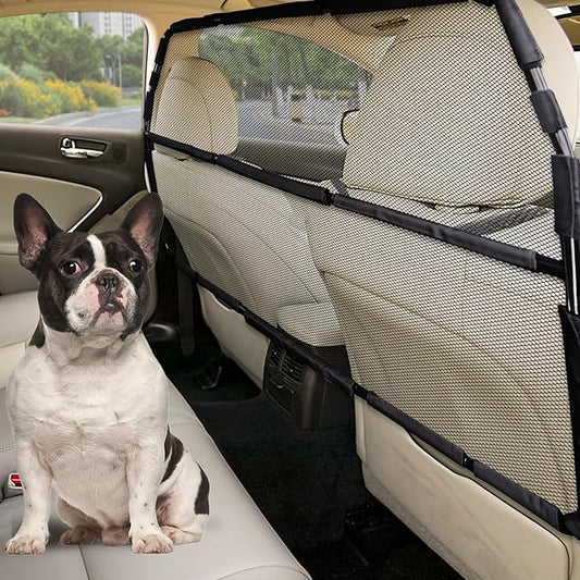 Dog Car Barrier Escape-Proof, 50" Wide Car Divider for 2nd 3rd Row Seats & Cargo Area, Durable Back Seat Car Gate Trunk Barrier with See Through Net Mesh for Small Trucks & SUV & Mid-Sized Vehicle