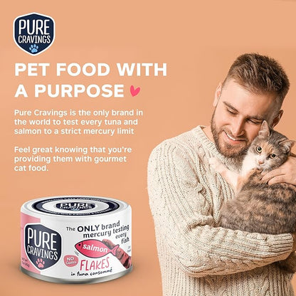 Pure Cravings Salmon Flakes in Tuna Consommé, Canned Wet Cat Food Soup, 100% Mercury-Tested, Moist Can Fish, Grain-Free Protein, Non-GMO, 3oz, Pack of 12