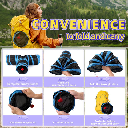 Bunny Tunnels & Tubes Collapsible 3 Way Rabbit Hideout with 13pcs Toys for Bunny Guinea Pig Hamster Chinchilla Hedgehog Rat Ferret Kitten (BK&BU)