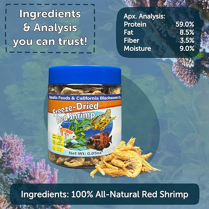 Aquatic Foods Inc. Red Shrimp, Freeze Dried 1/2" to 1 & 1/4" Floating Red River Shrimp for Cichlids, All Tropical Fish, Koi & Pond Fish, Aquatic Turtles, Reptiles, Rodents 2oz Canister